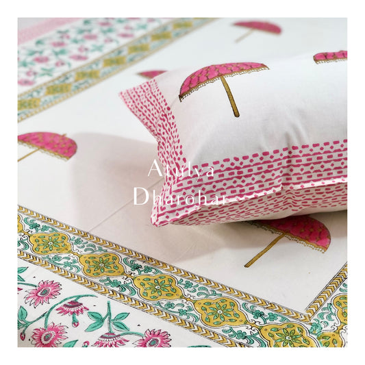 Pink Umbrella Motifs Hand Block Printed Bedsheet