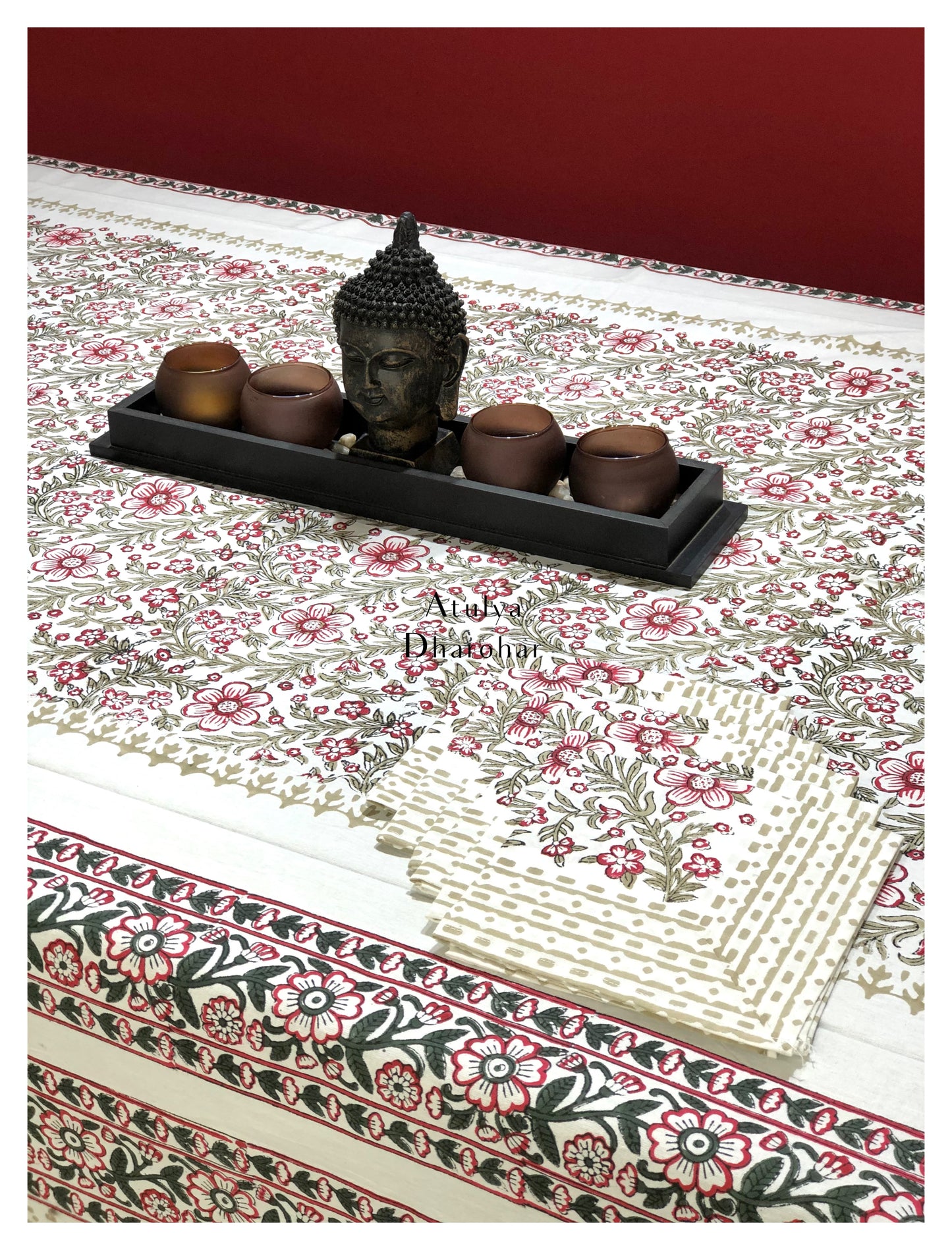 Pink Floral Jaal Hand Block Printed Dining Table Cover