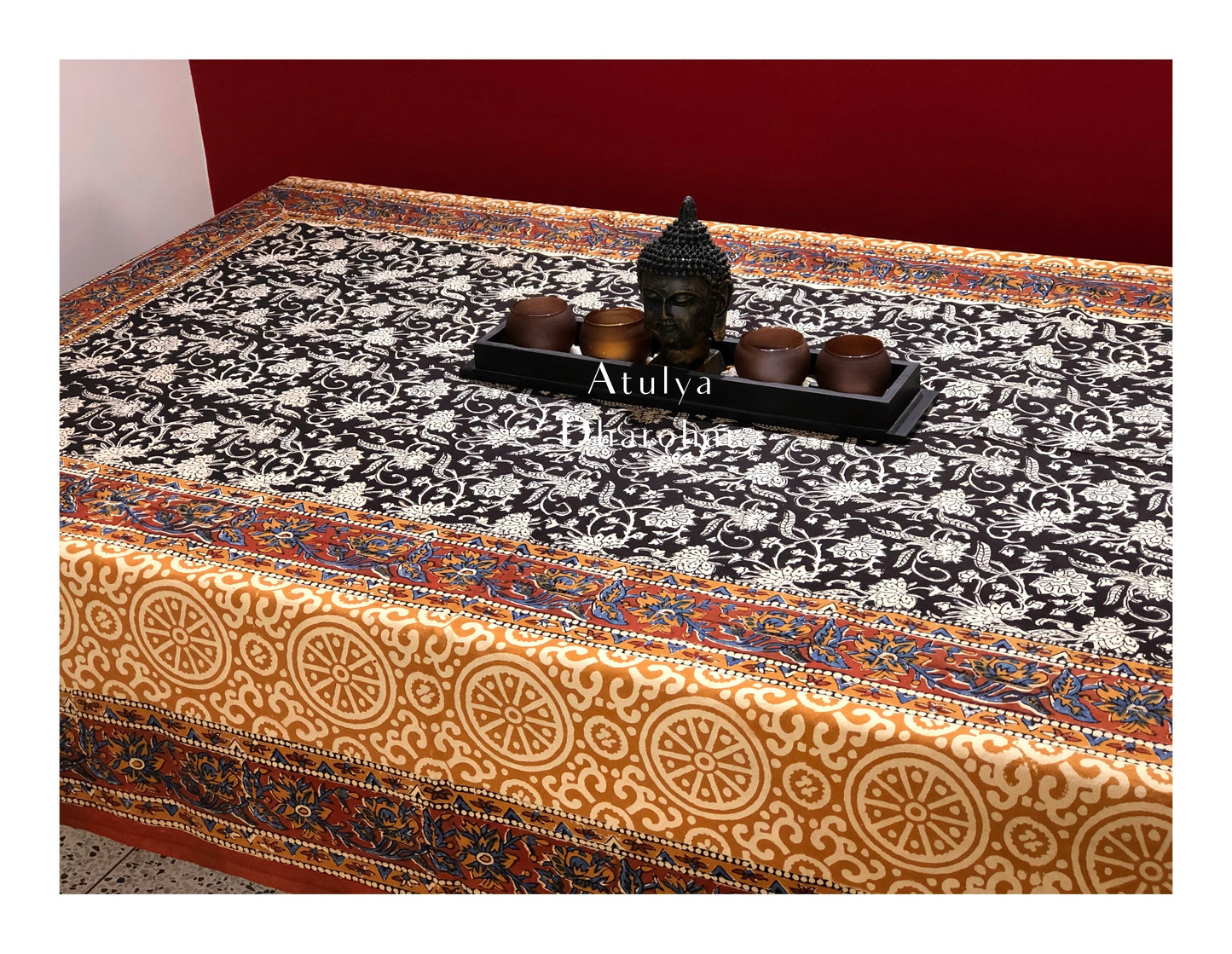 Black Kalamkari Hand Block Dining Table Cover