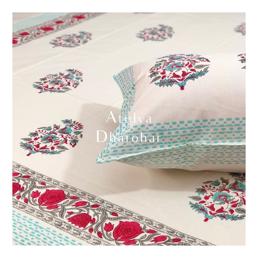 Teal and Red Floral Motifs Hand Block Printed Bedsheet