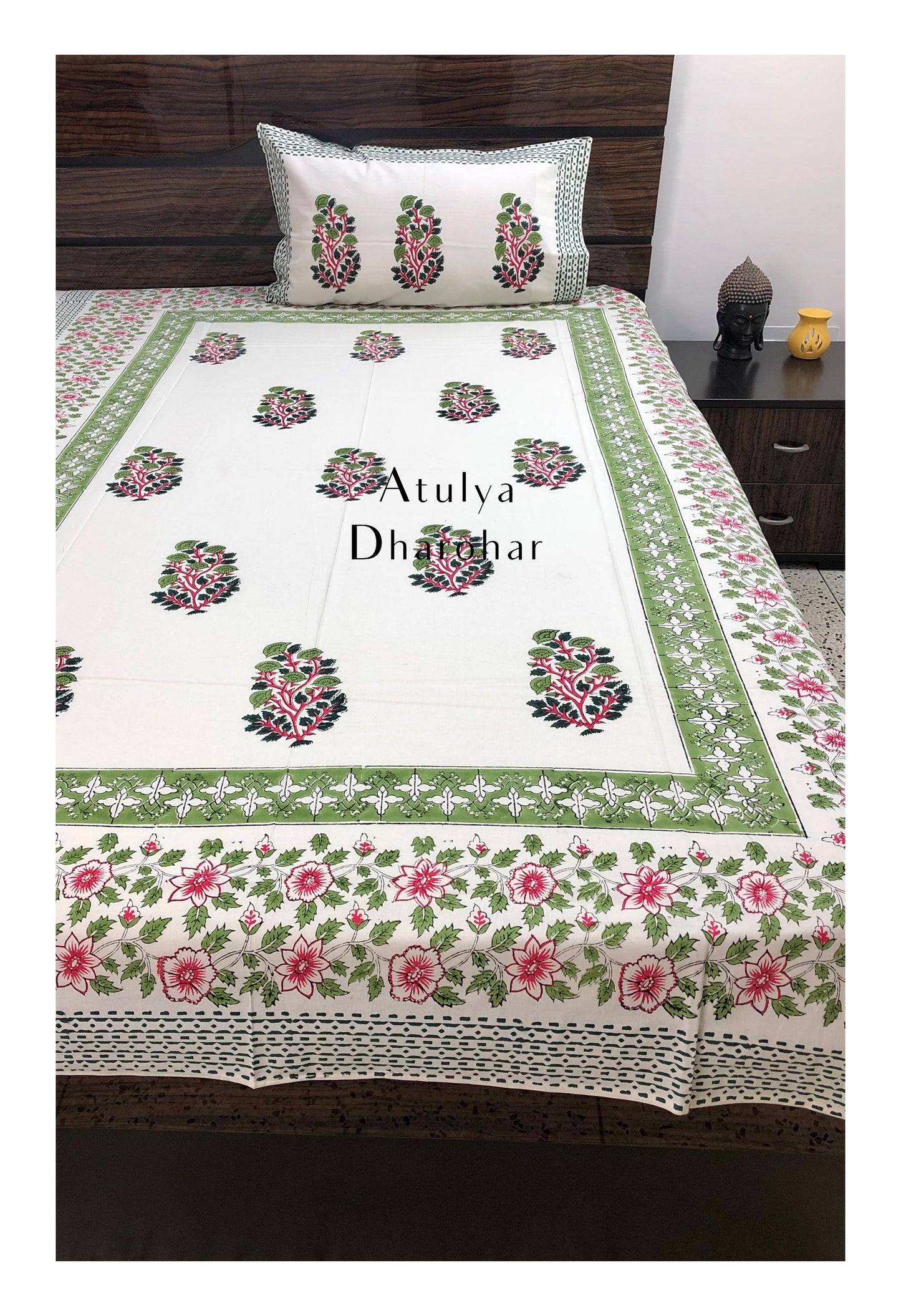 Green Floral Motifs Hand Block Printed Bedsheet