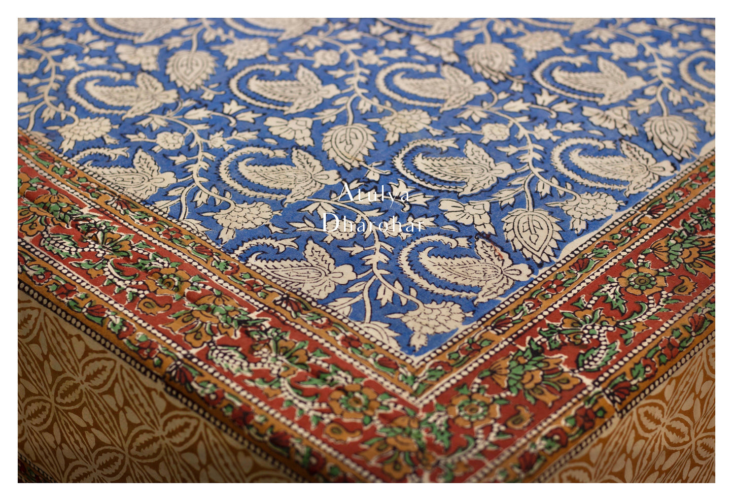 Indigo Kalamkari Hand Block Dining Table Cover