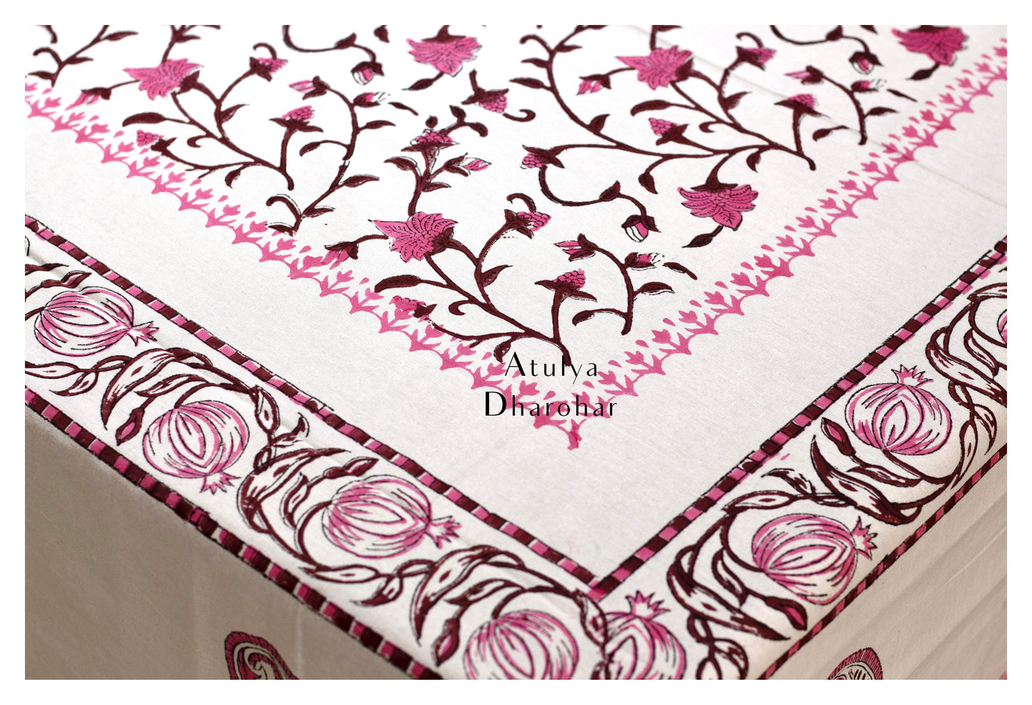 Pink Floral Jaal Hand Block Printed Dining Table Cover
