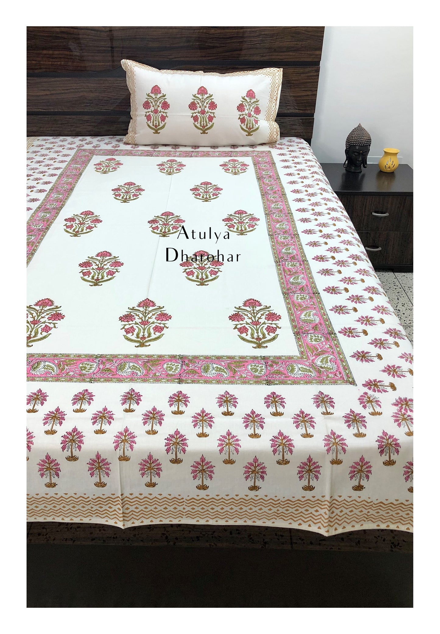 Pink Floral Motifs Hand Block Printed Bedsheet