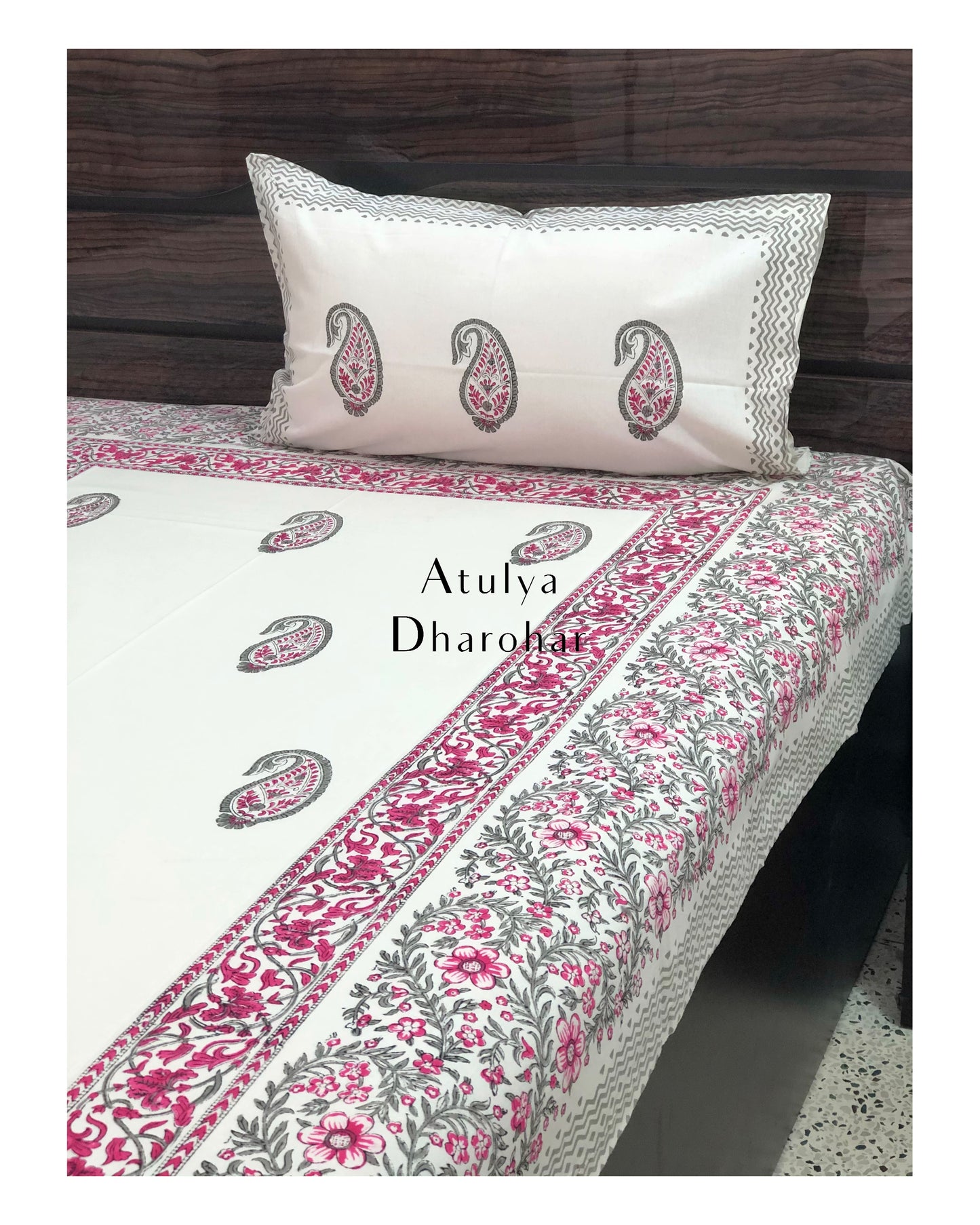 Grey Paisley Motifs Hand Block Printed Bedsheet