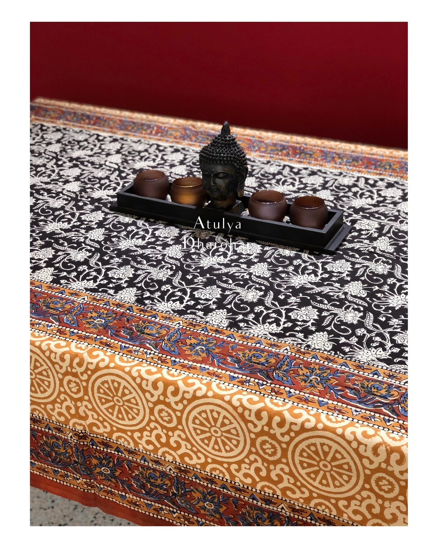 Black Kalamkari Hand Block Dining Table Cover