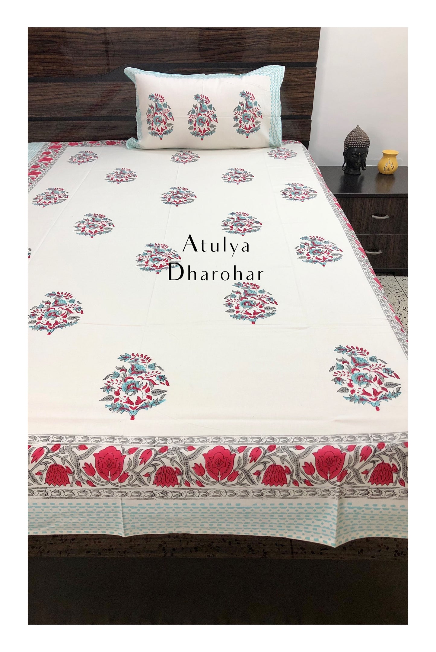 Teal and Red Floral Motifs Hand Block Printed Bedsheet