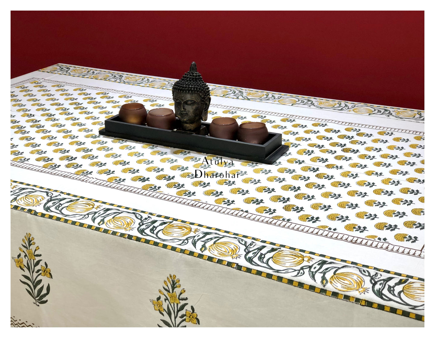 Yellow Floral Motifs Hand Block Printed Dining Table Cover