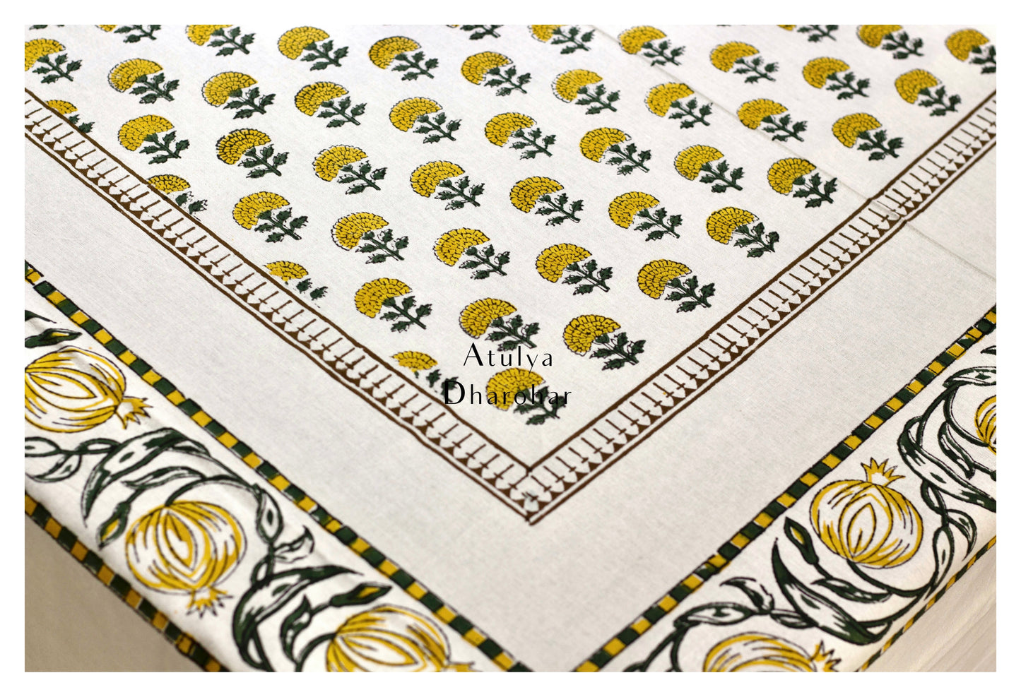 Yellow Floral Motifs Hand Block Printed Dining Table Cover