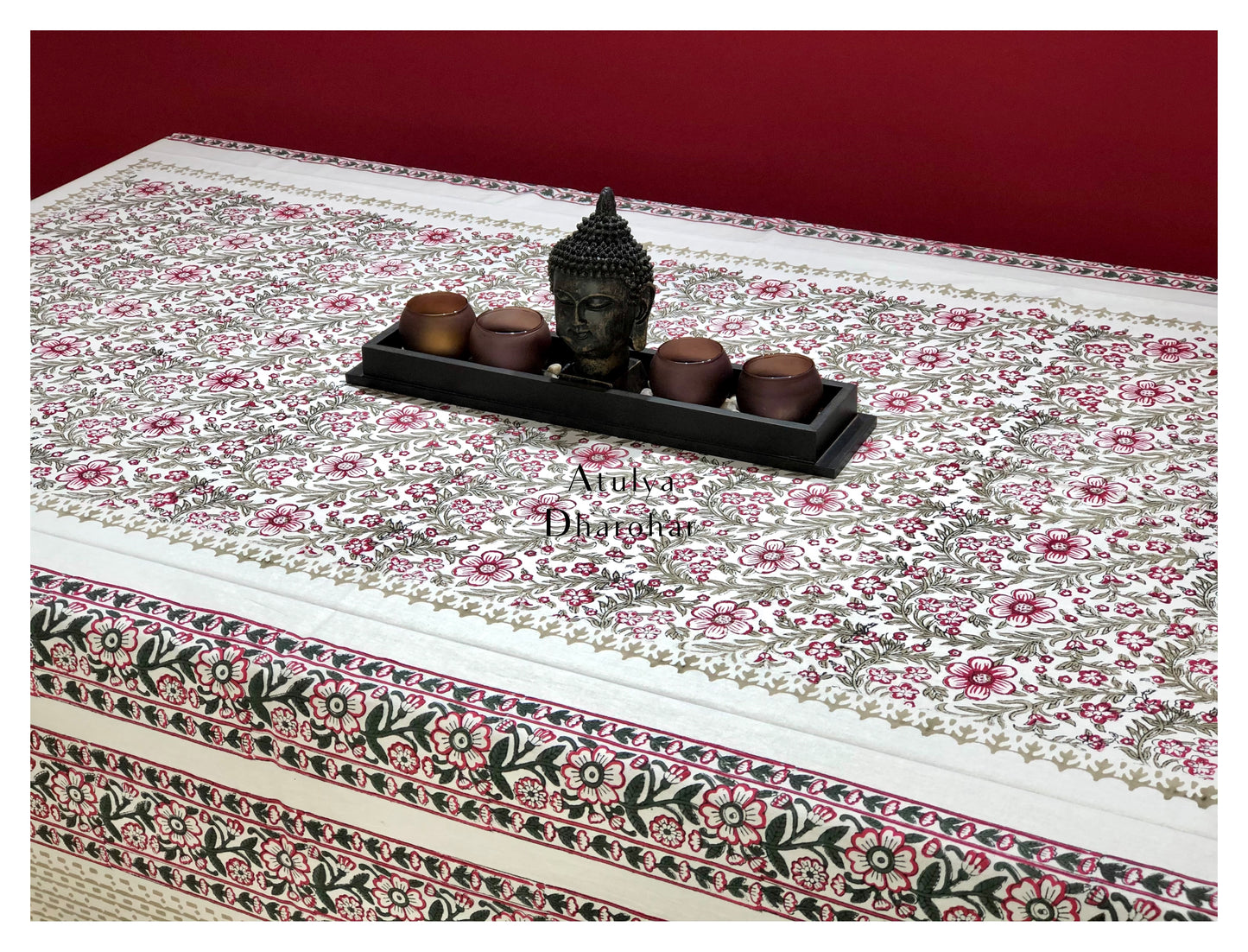 Pink Floral Jaal Hand Block Printed Dining Table Cover