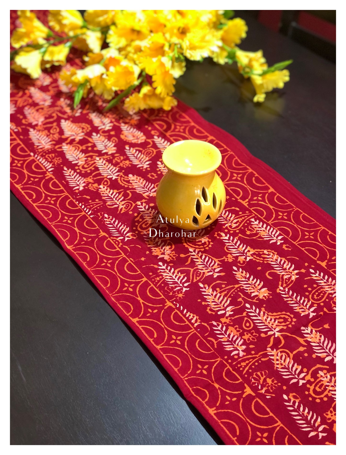 Floral Motifs Hand Block Printed Dining Table Runner