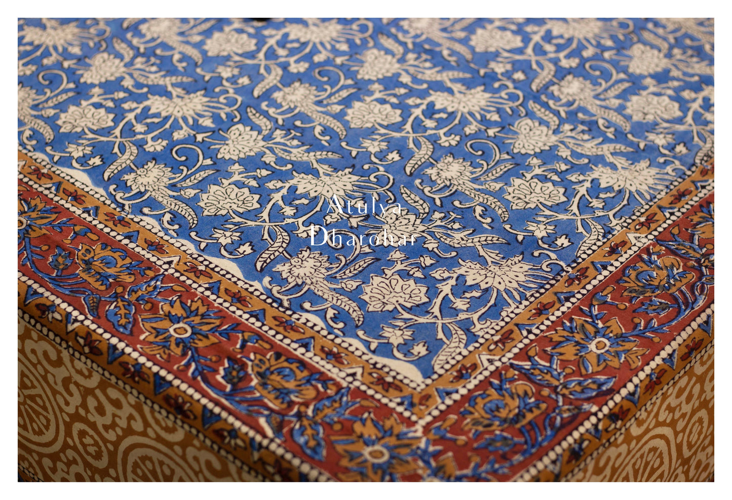 Indigo Kalamkari Hand Block Dining Table Cover