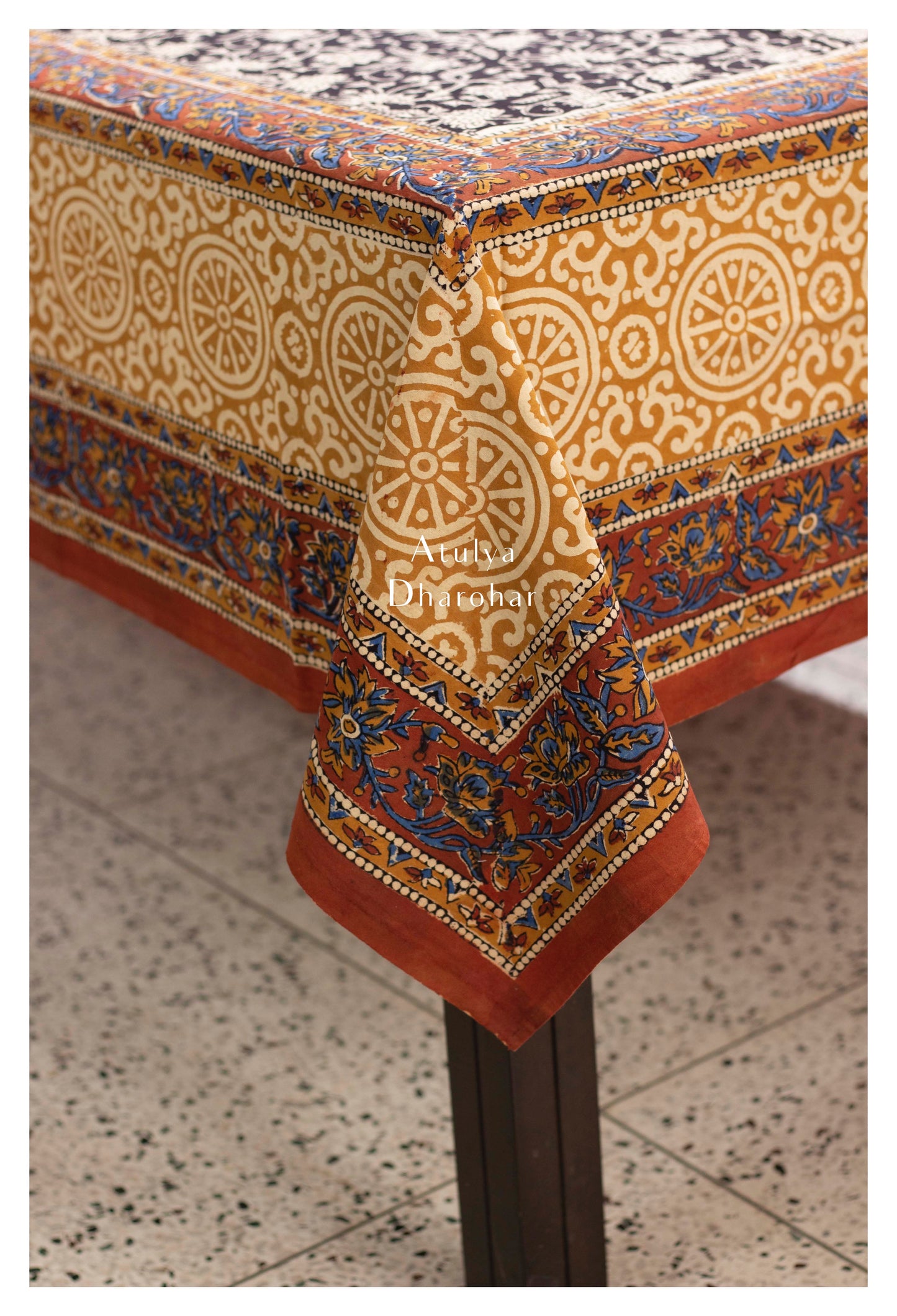 Black Kalamkari Hand Block Dining Table Cover