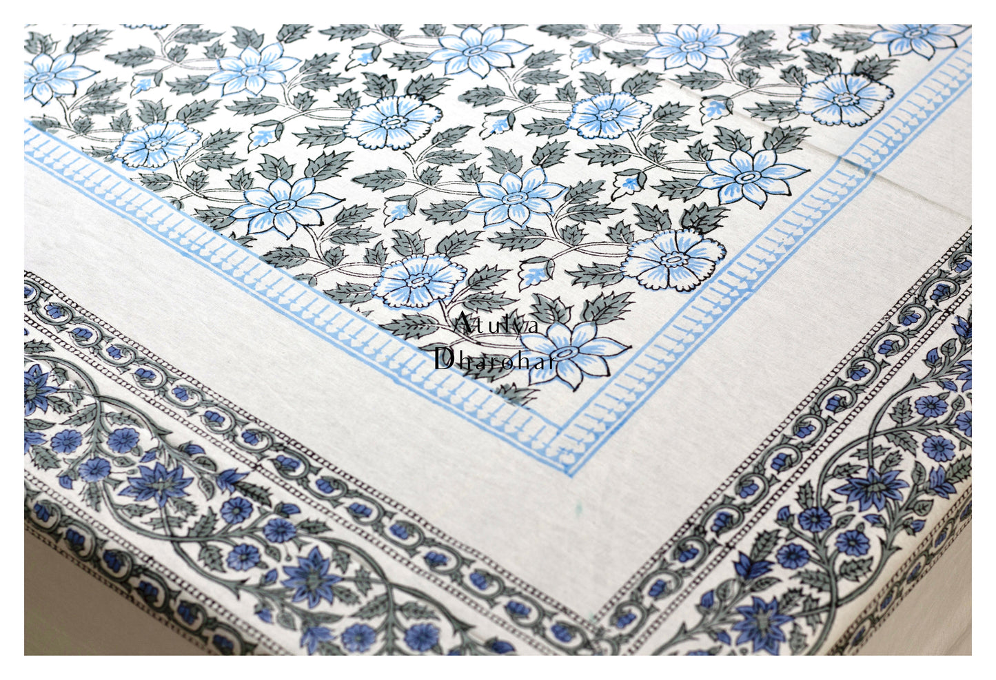 Blue and Grey Floral Jaal Hand Block Printed Dining Table Cover