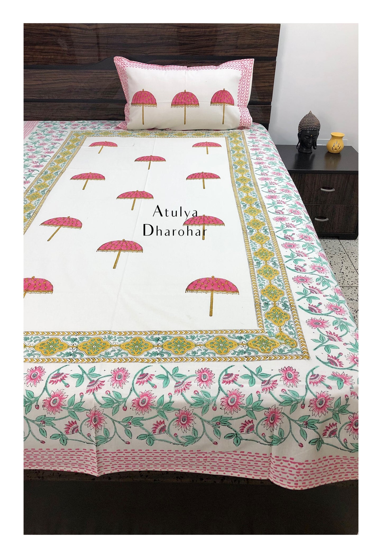 Pink Umbrella Motifs Hand Block Printed Bedsheet