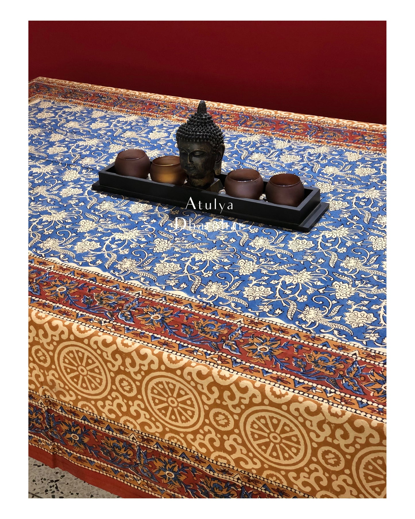 Indigo Kalamkari Hand Block Dining Table Cover