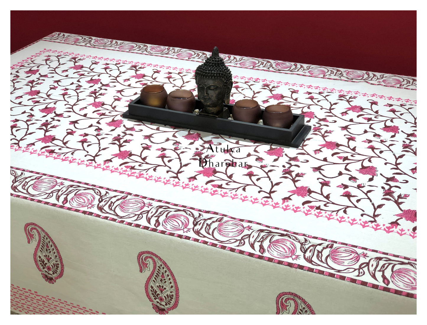 Pink Floral Jaal Hand Block Printed Dining Table Cover